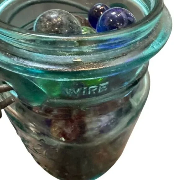 Vintage Blue Glass Jar With Wire Clamp with Glass Marbles - Picture 5 of 9